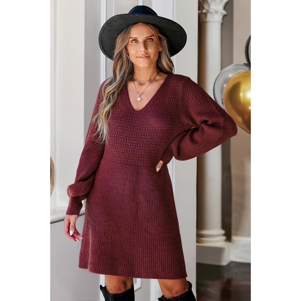 Red V-Neck Gigot Sleeve Sweater Dress‎ Size L